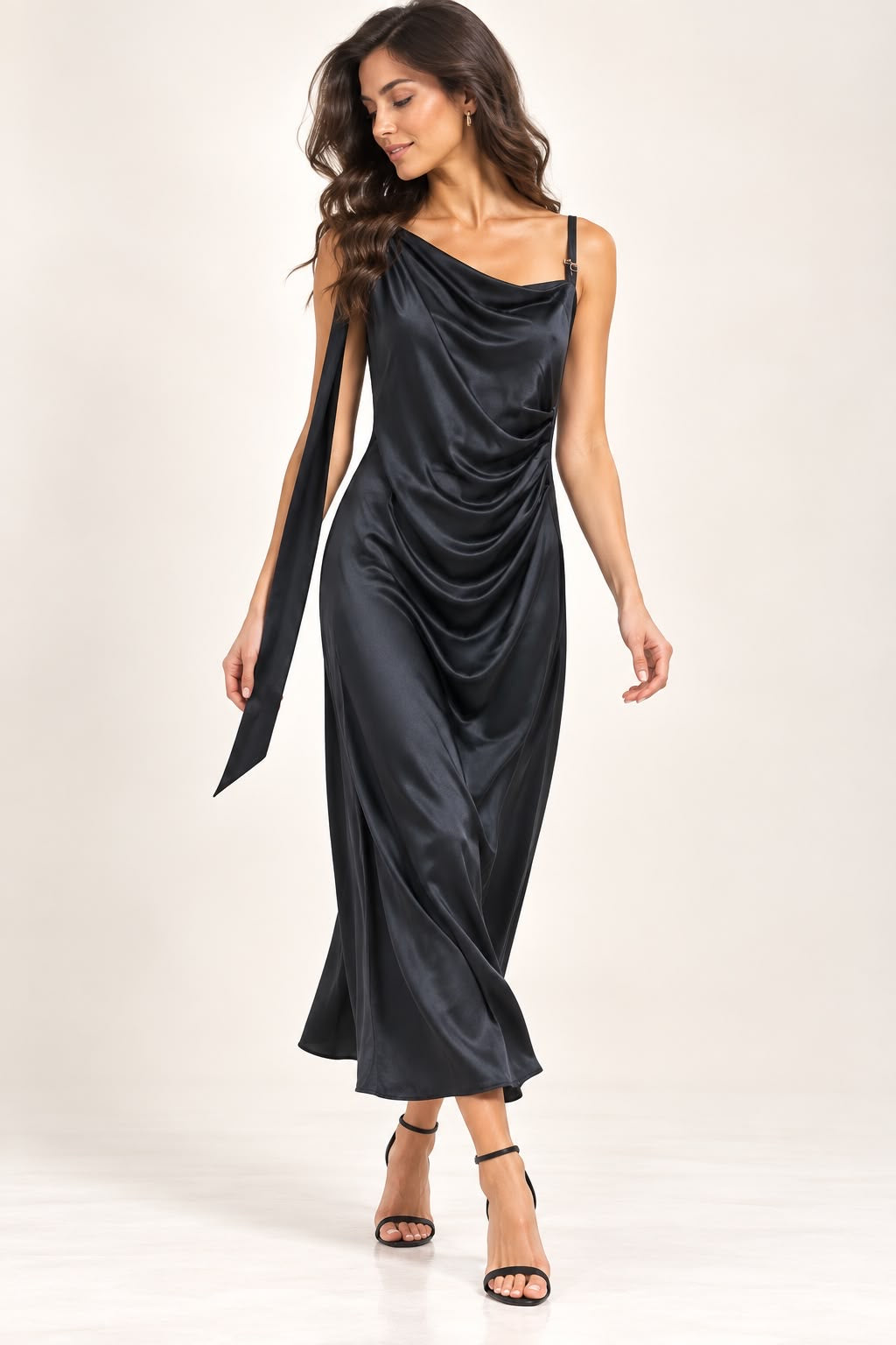 Black Satin Draped Dress