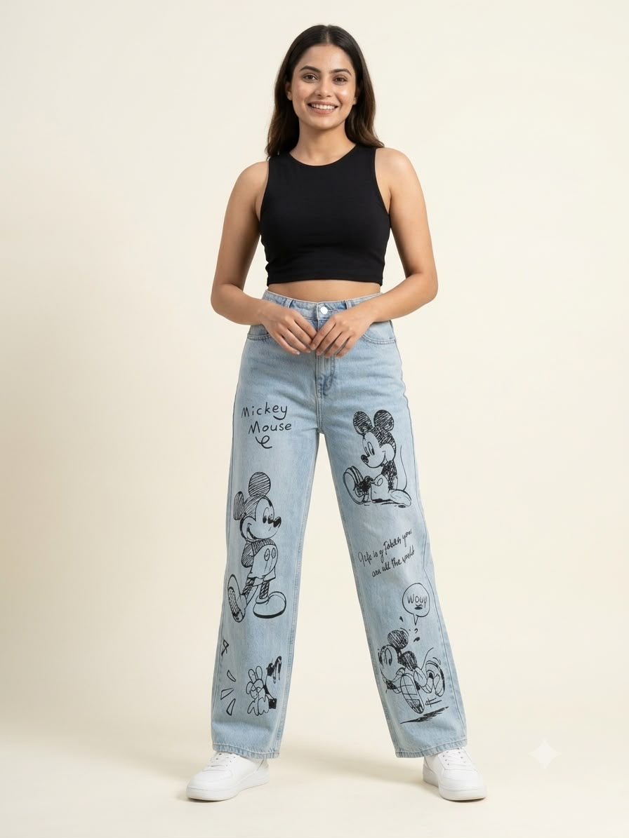 Light Blue Graphic Print Wide-Leg Jeans