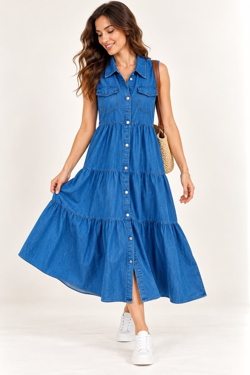 Blue Denim Tiered Shirt Dress