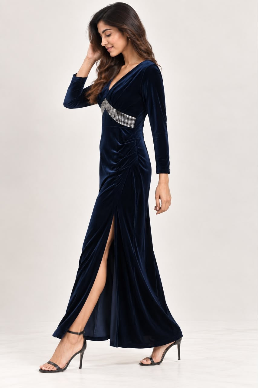 Midnight Blue Velvet Embellished Dress
