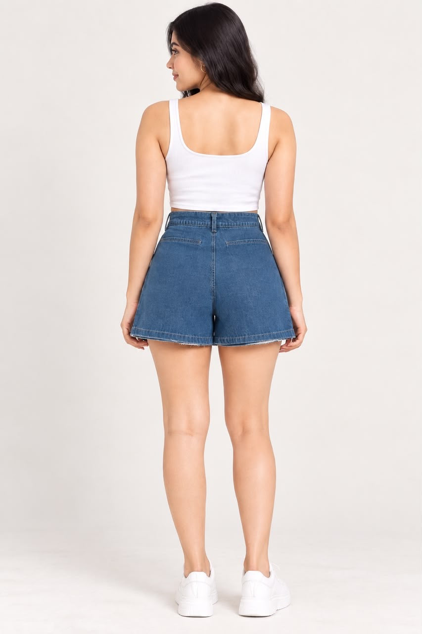 High-Rise Denim Shorts – Dark & Light Blue - The Style Story