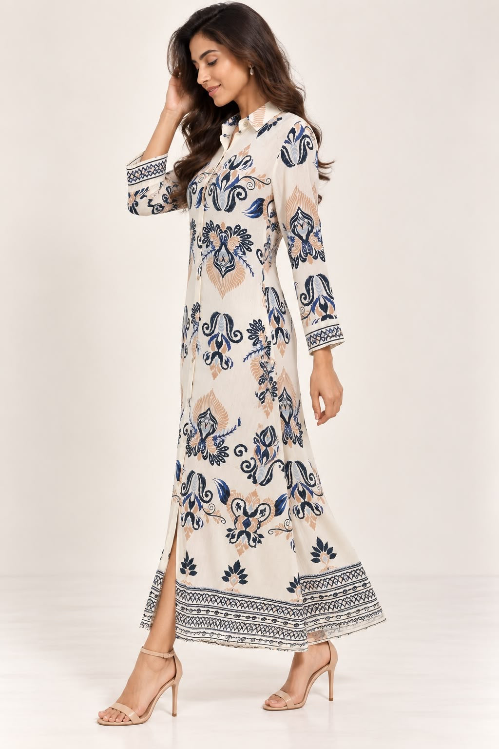 Ivory Blue Printed Shirt Dress