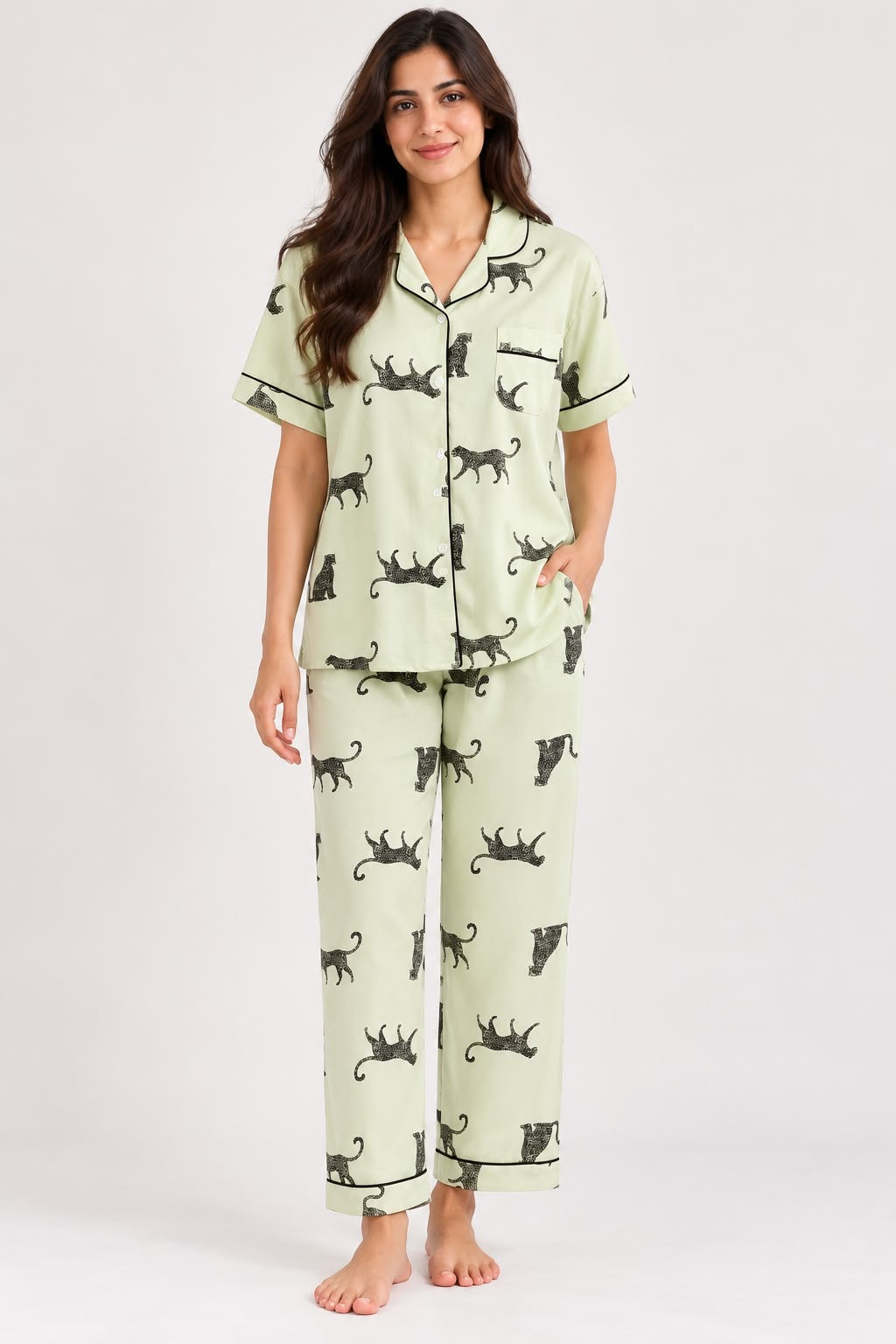 Light Green Printed Satin Night Suit Set