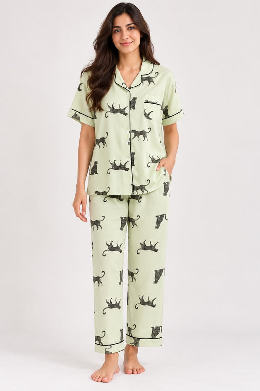Light Green Printed Satin Night Suit Set