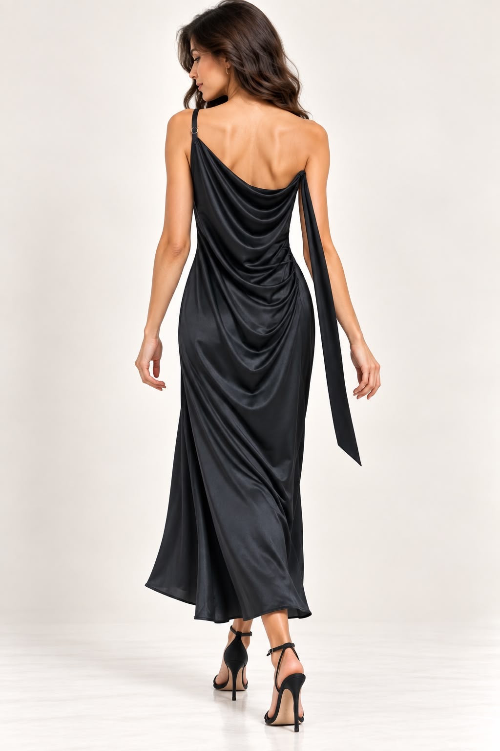 Black Satin Draped Dress