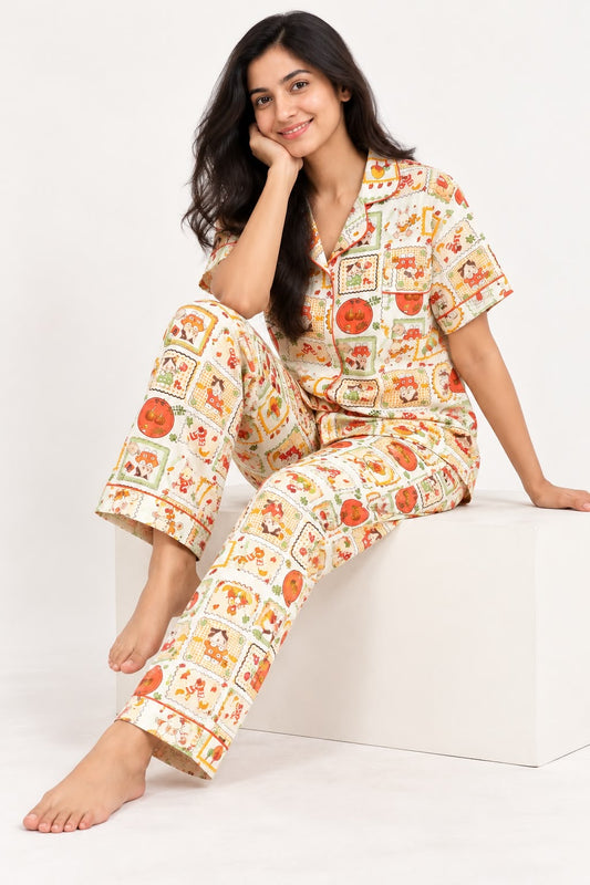 Vintage Autumn Postage-Stamp Night Suit Set