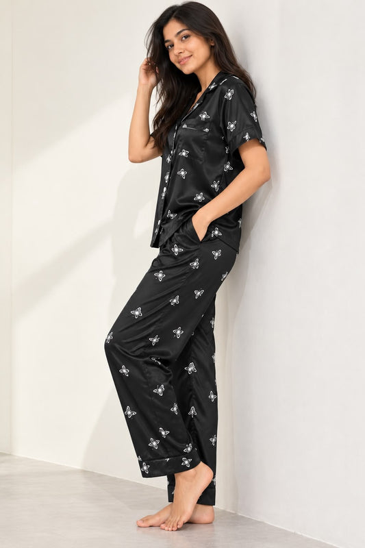 Black Satin Printed Night Suit Set