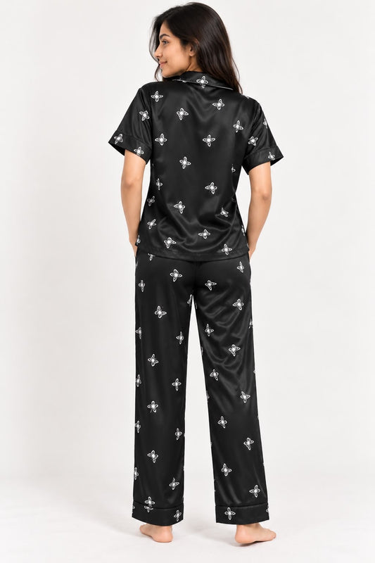 Black Satin Printed Night Suit Set