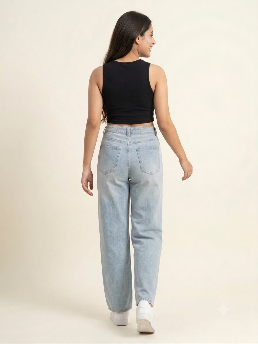 Light Blue Graphic Print Wide-Leg Jeans
