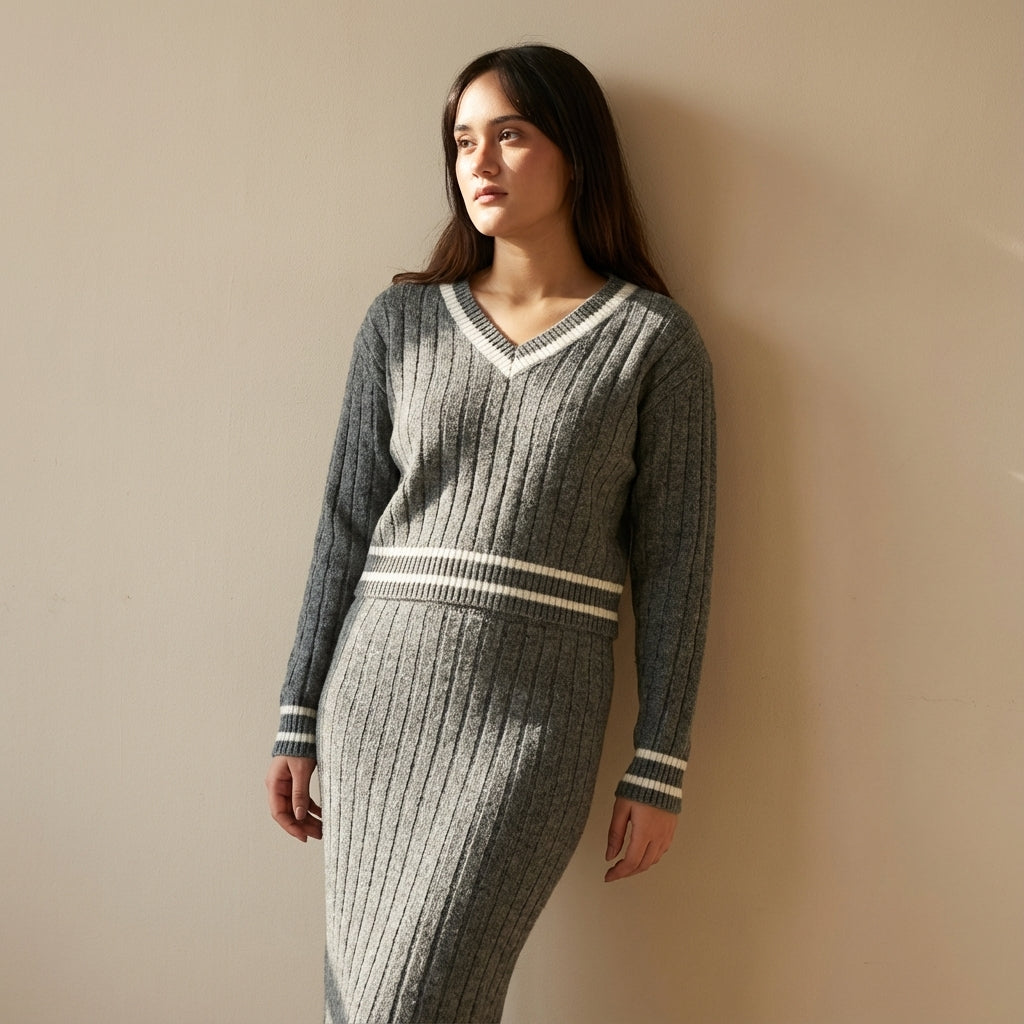 Grey Ribbed Knit Co-Ord Set