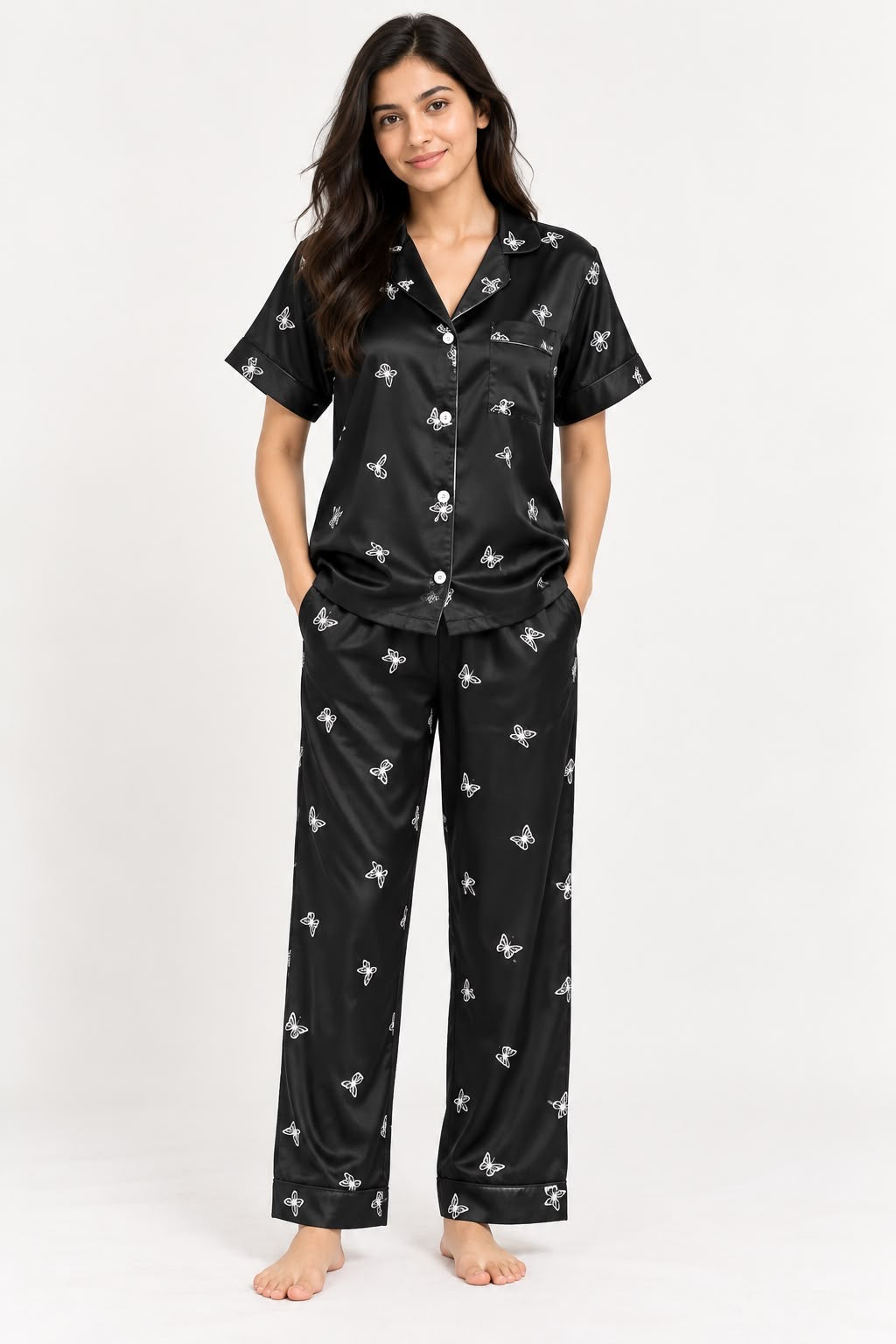 Black Satin Printed Night Suit Set