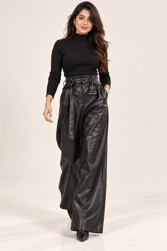 Black Faux Leather Wide-Leg Trousers with Belt