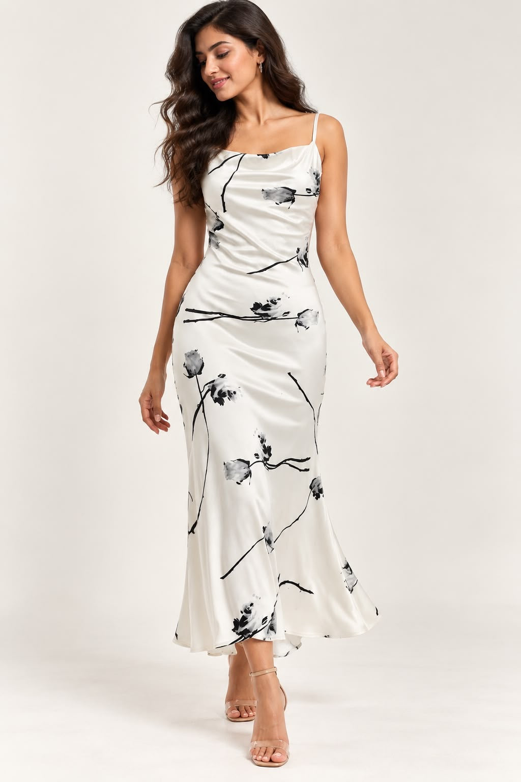 White & Black Floral Satin Dress