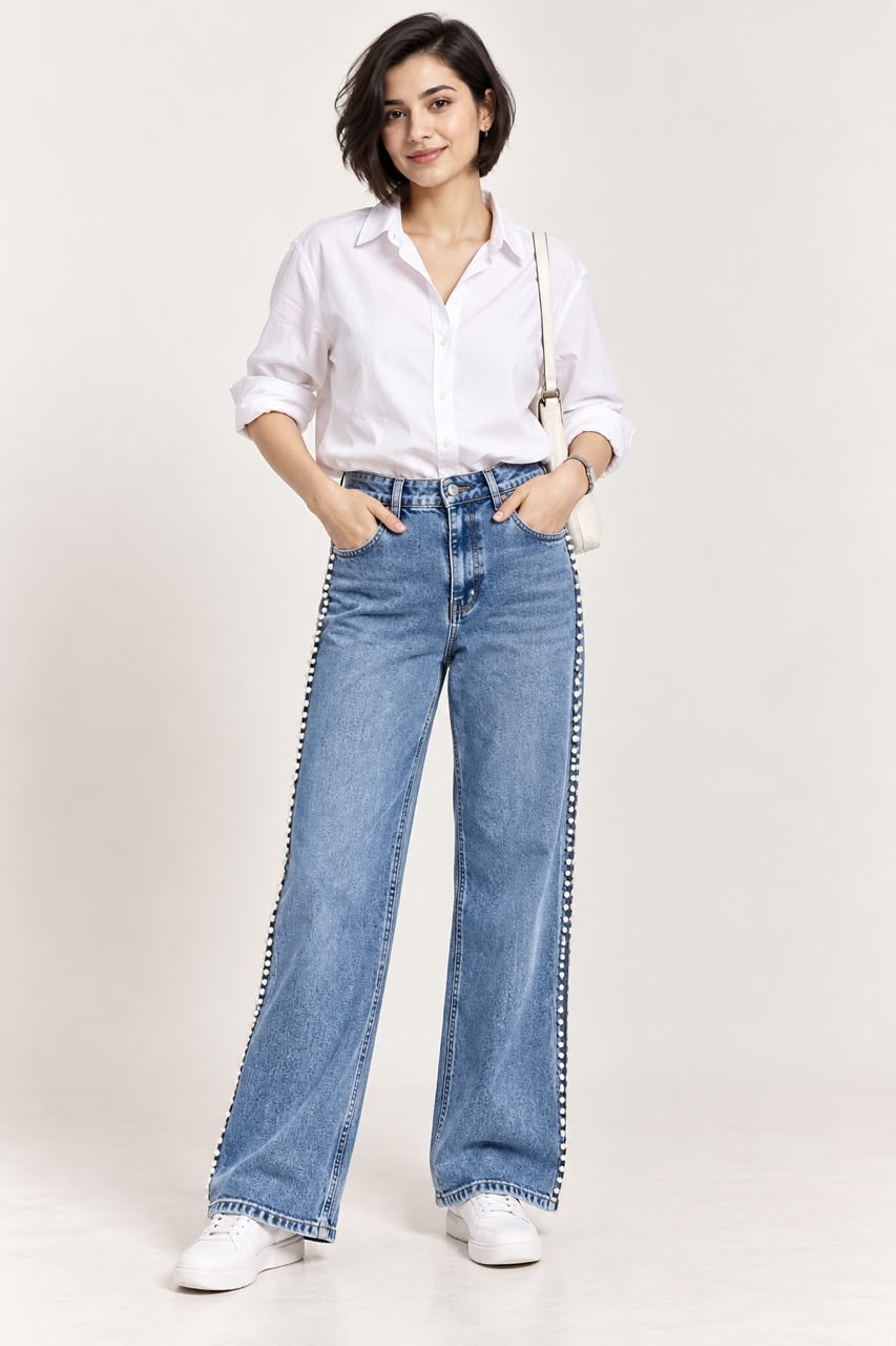 Blue Wide-Leg Embellished Jeans