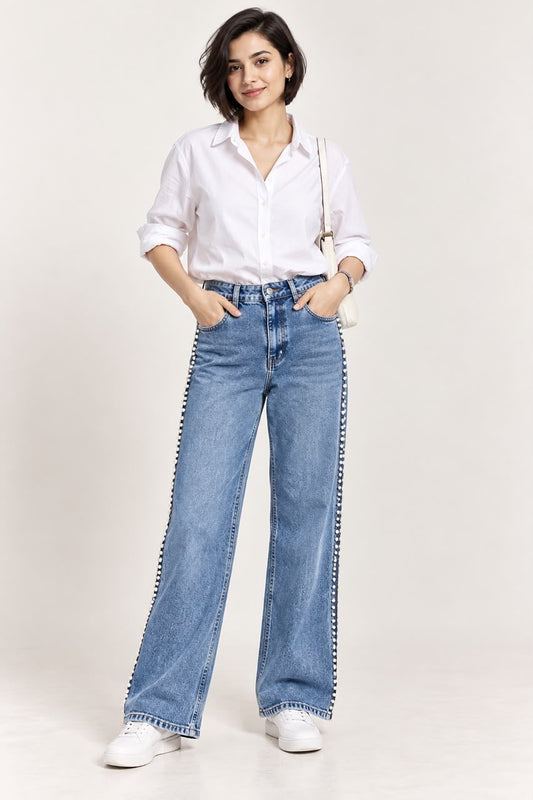 Blue Wide-Leg Embellished Jeans