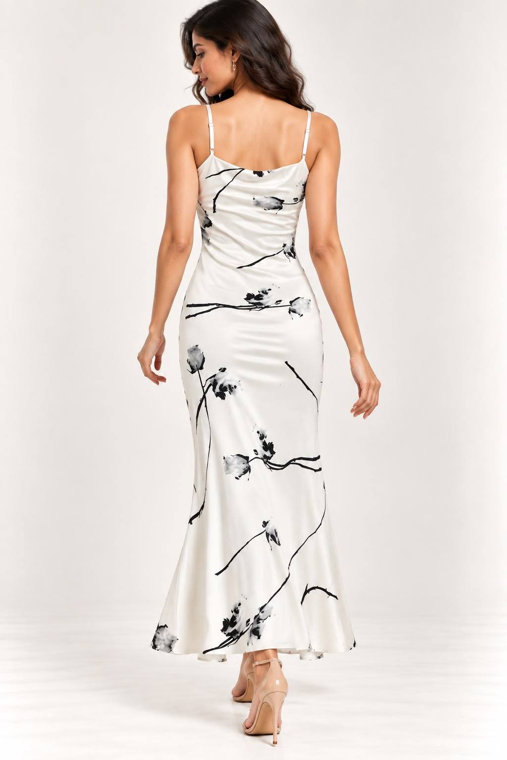 White & Black Floral Satin Dress
