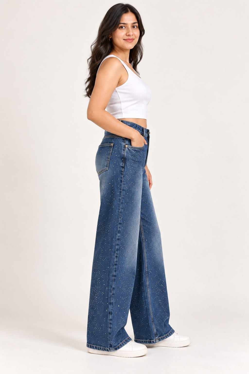 Dark Blue Rhinestone Embellished Wide-Leg Jeans