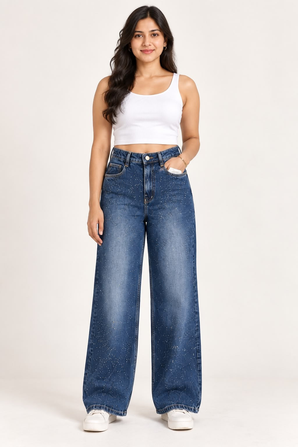 Dark Blue Rhinestone Embellished Wide-Leg Jeans