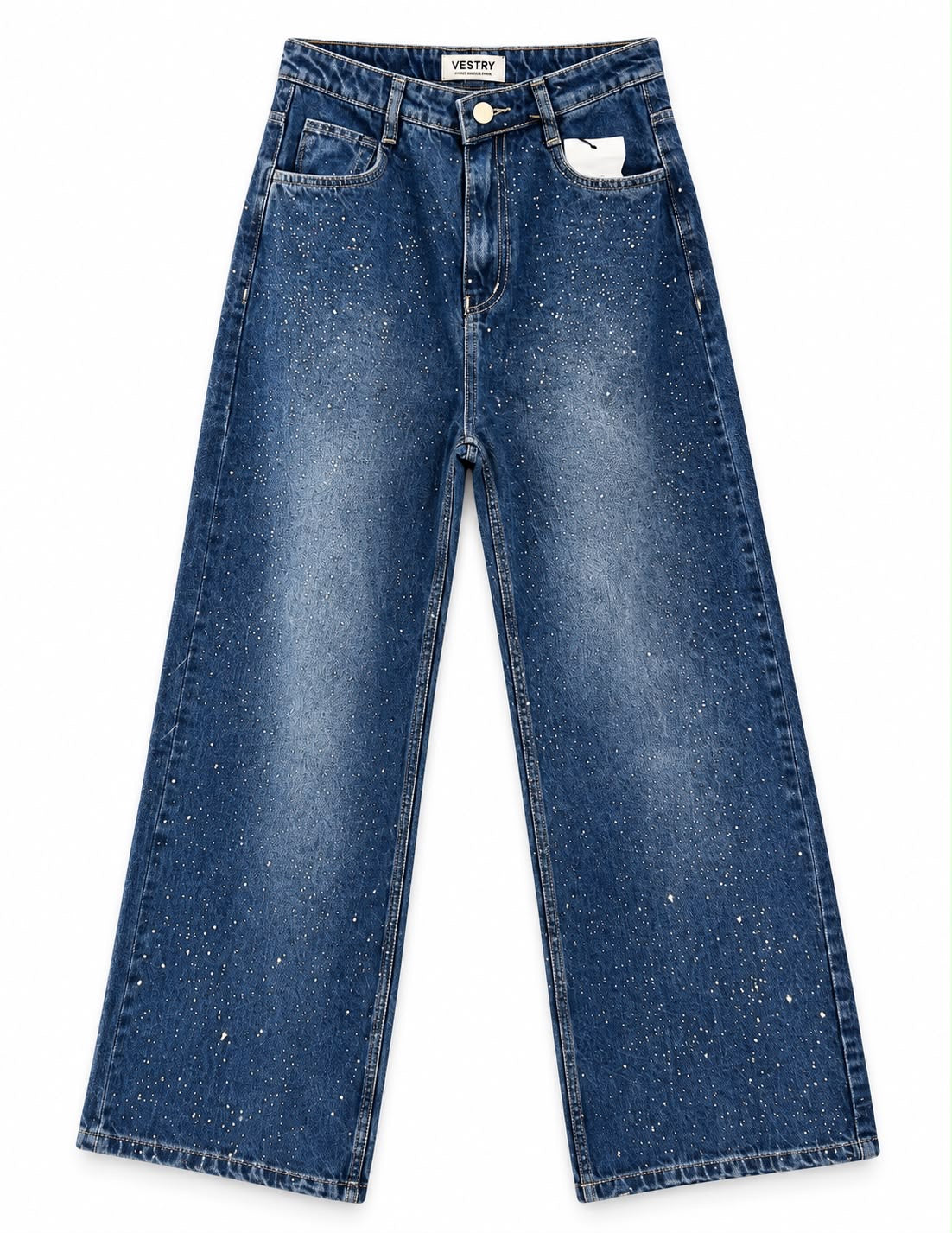 Dark Blue Rhinestone Embellished Wide-Leg Jeans