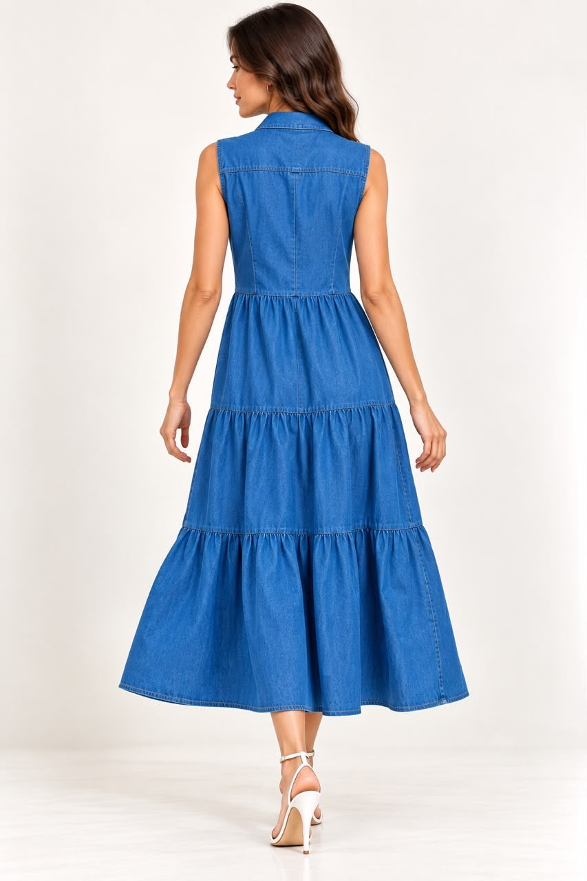 Blue Denim Tiered Shirt Dress