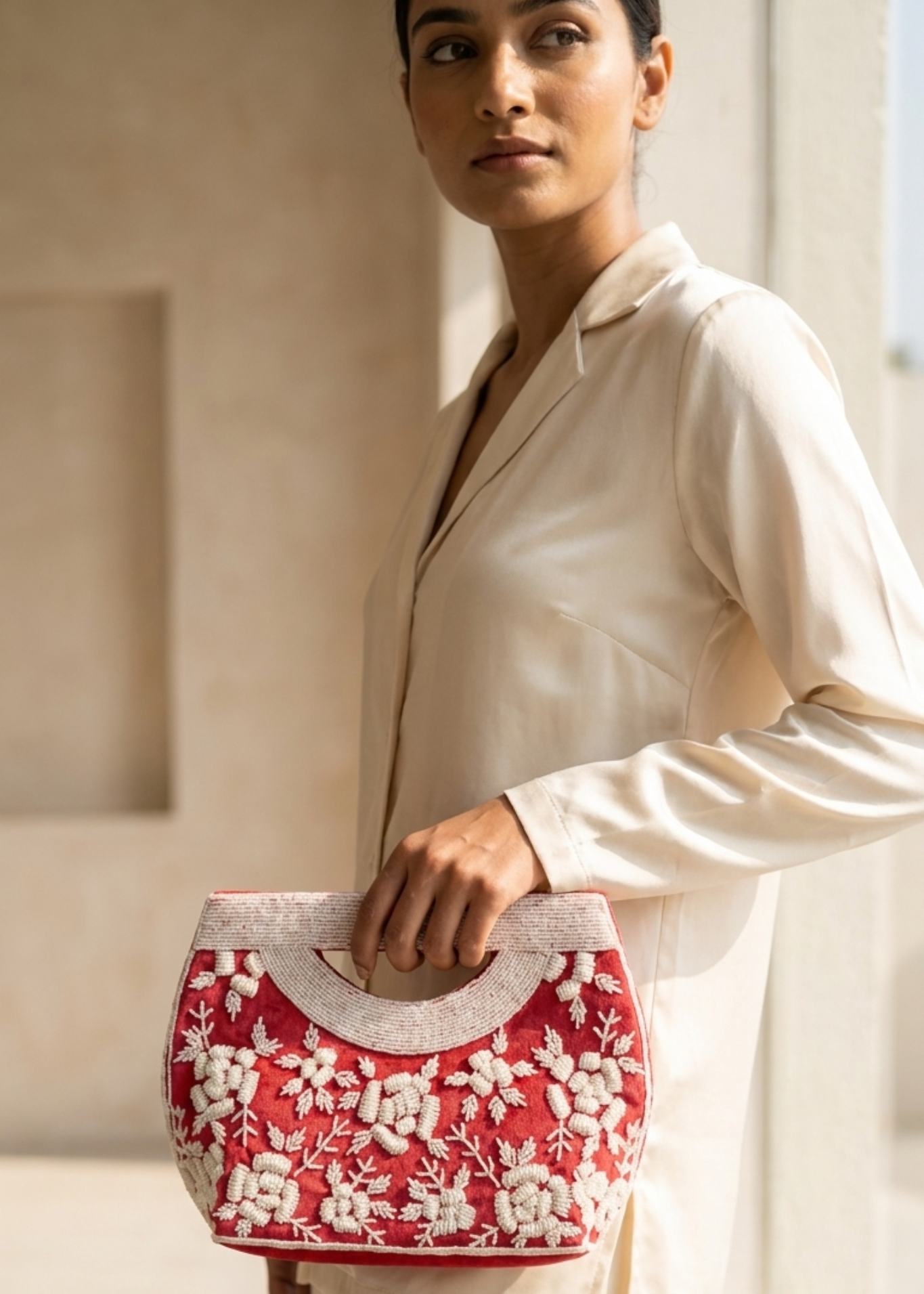 Velvet Hand-Embroidered Beaded Floral Clutch Bag