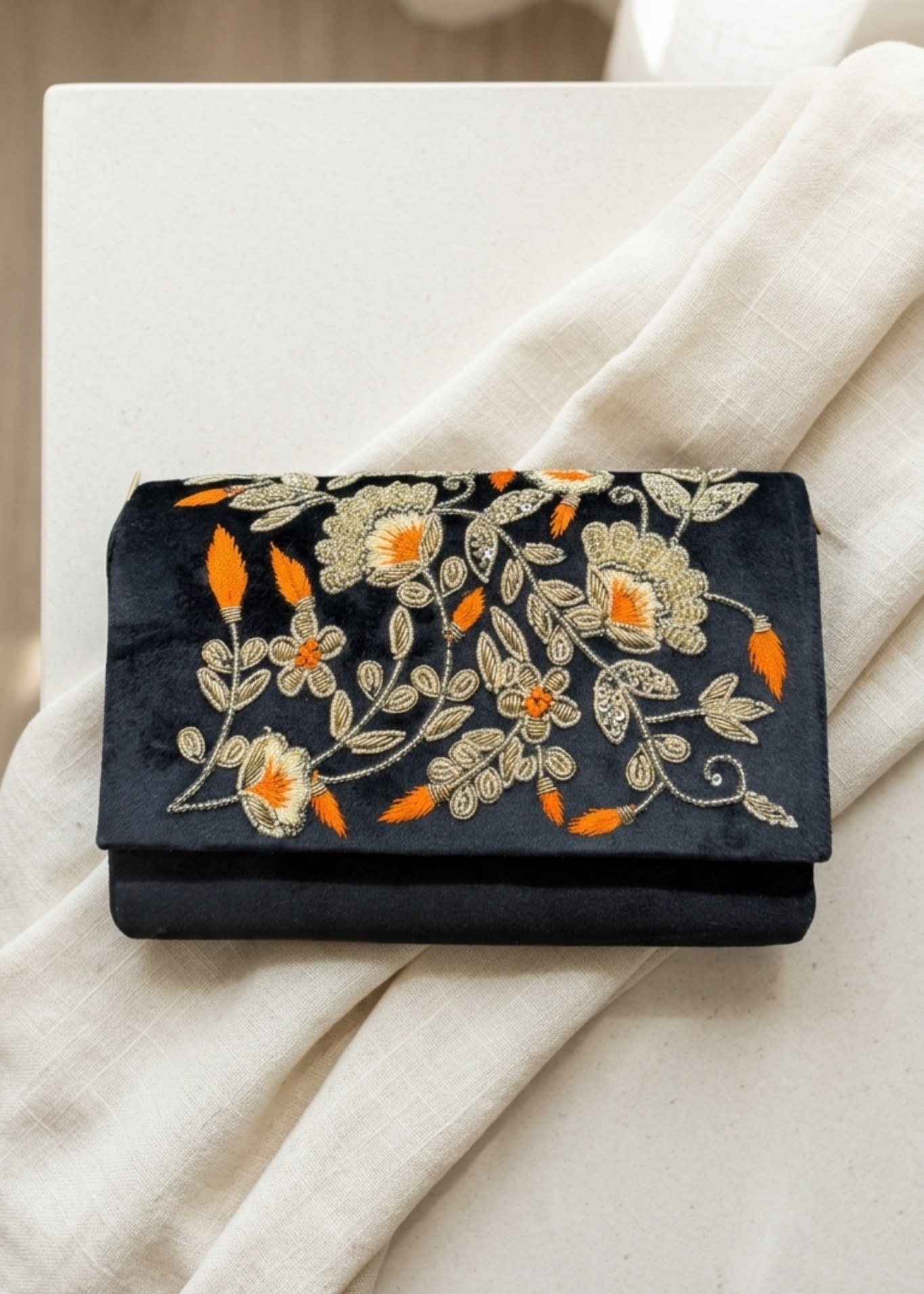 Handcrafted Velvet Floral Embroidered Clutch Bag