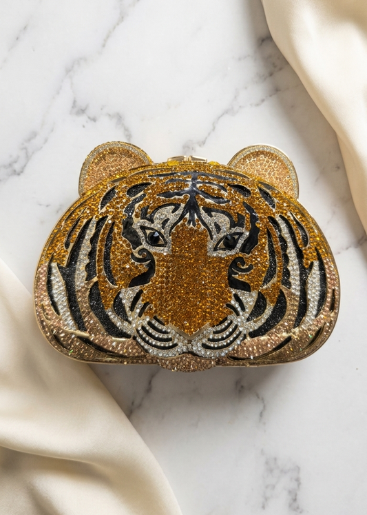 Gold Crystal Tiger Face Embellished Clutch Bag