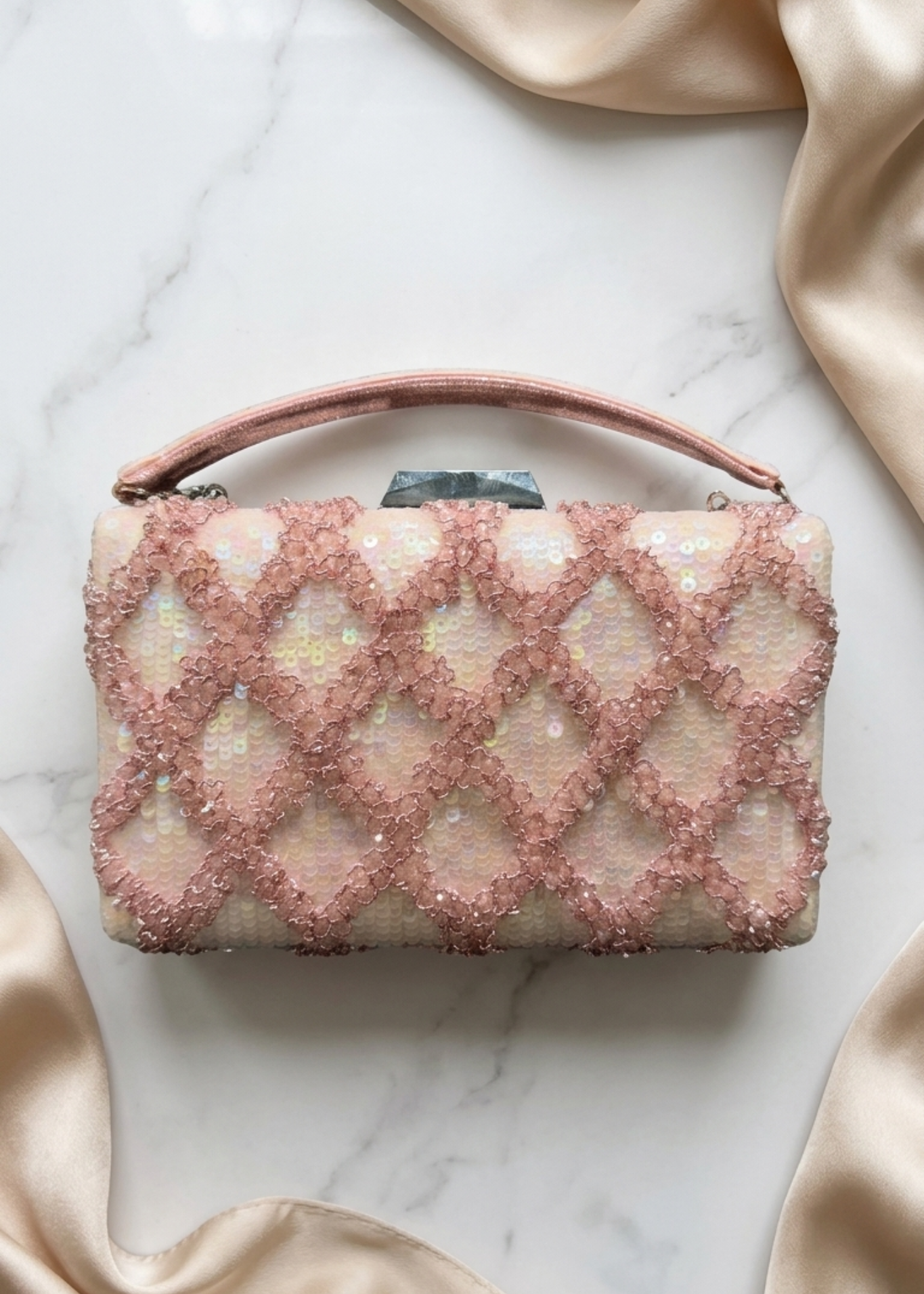 Blush Pink Sequin Embellished Top Handle Clutch Bag