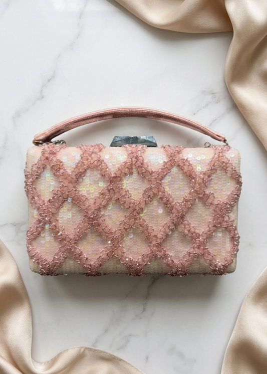 Blush Pink Sequin Embellished Top Handle Clutch Bag