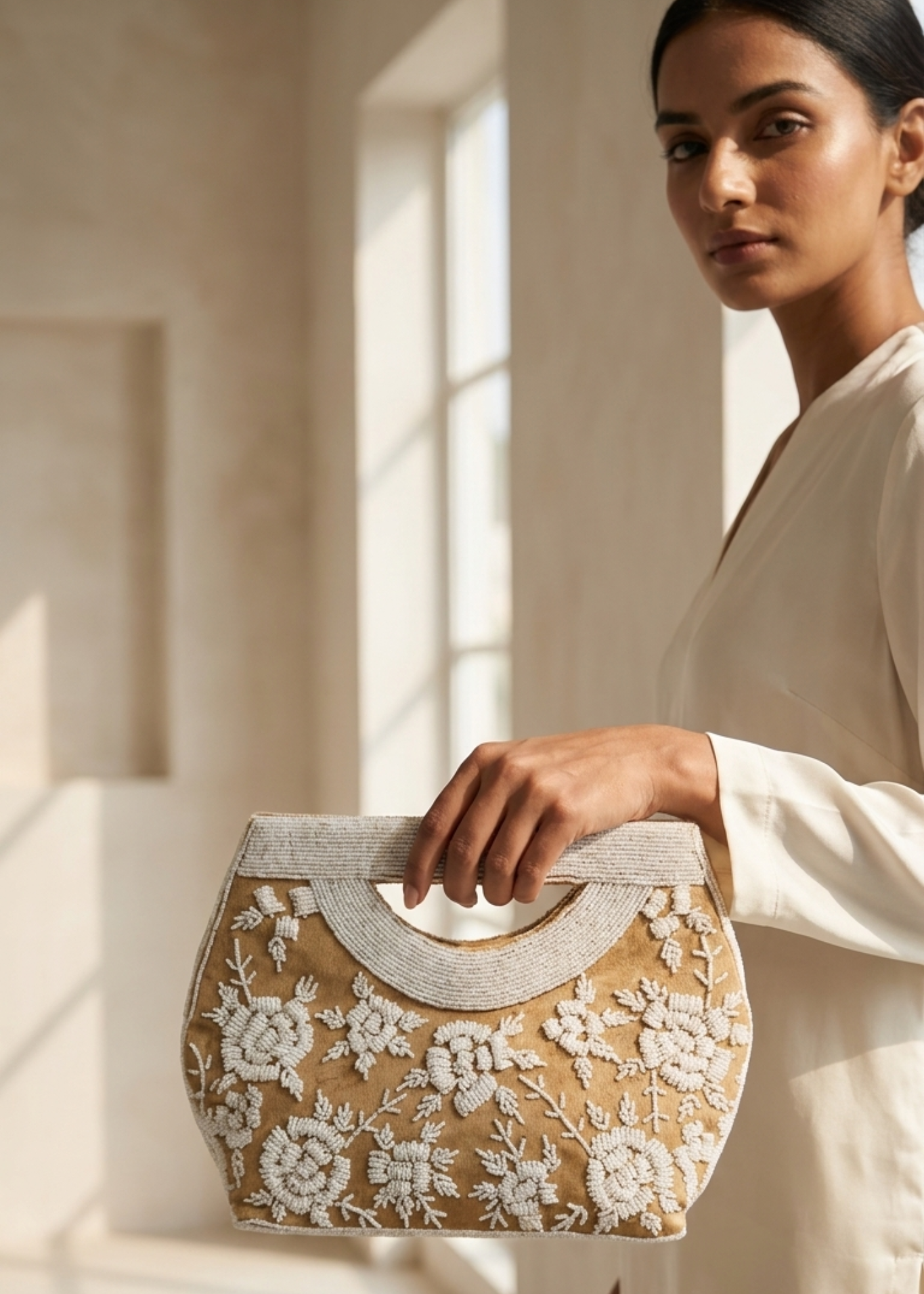 Velvet Hand-Embroidered Beaded Floral Clutch Bag