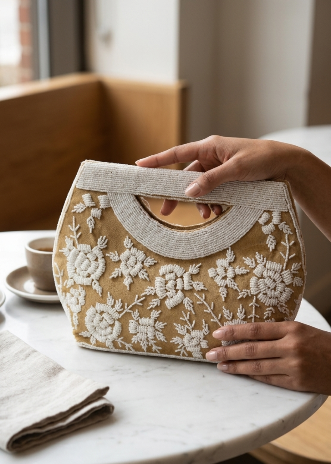 Velvet Hand-Embroidered Beaded Floral Clutch Bag