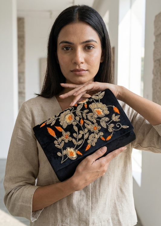 Handcrafted Velvet Floral Embroidered Clutch Bag