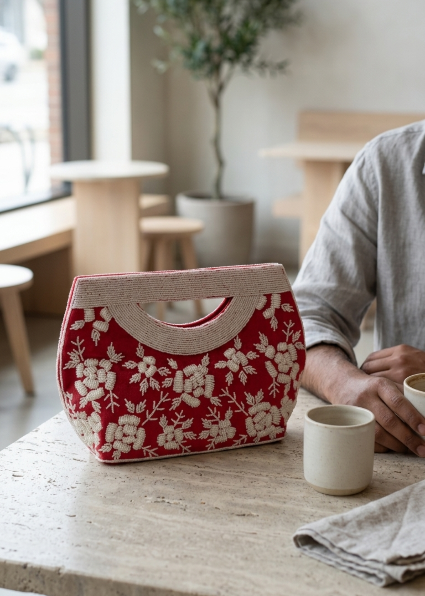 Velvet Hand-Embroidered Beaded Floral Clutch Bag