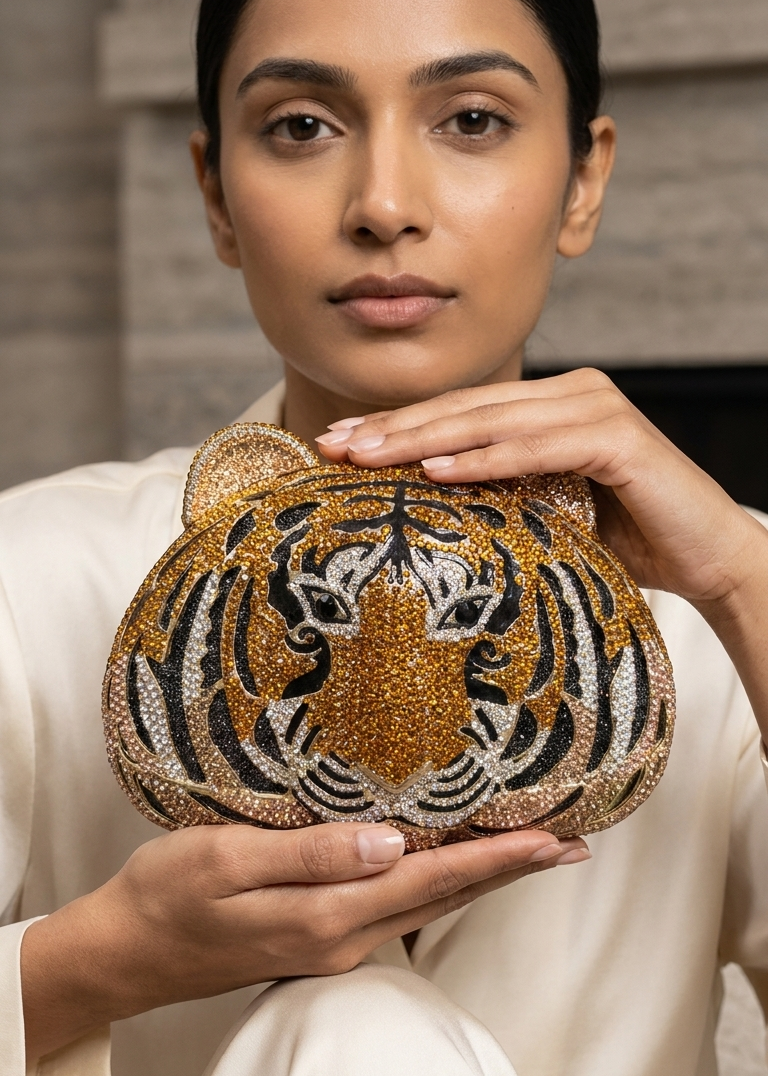 Gold Crystal Tiger Face Embellished Clutch Bag
