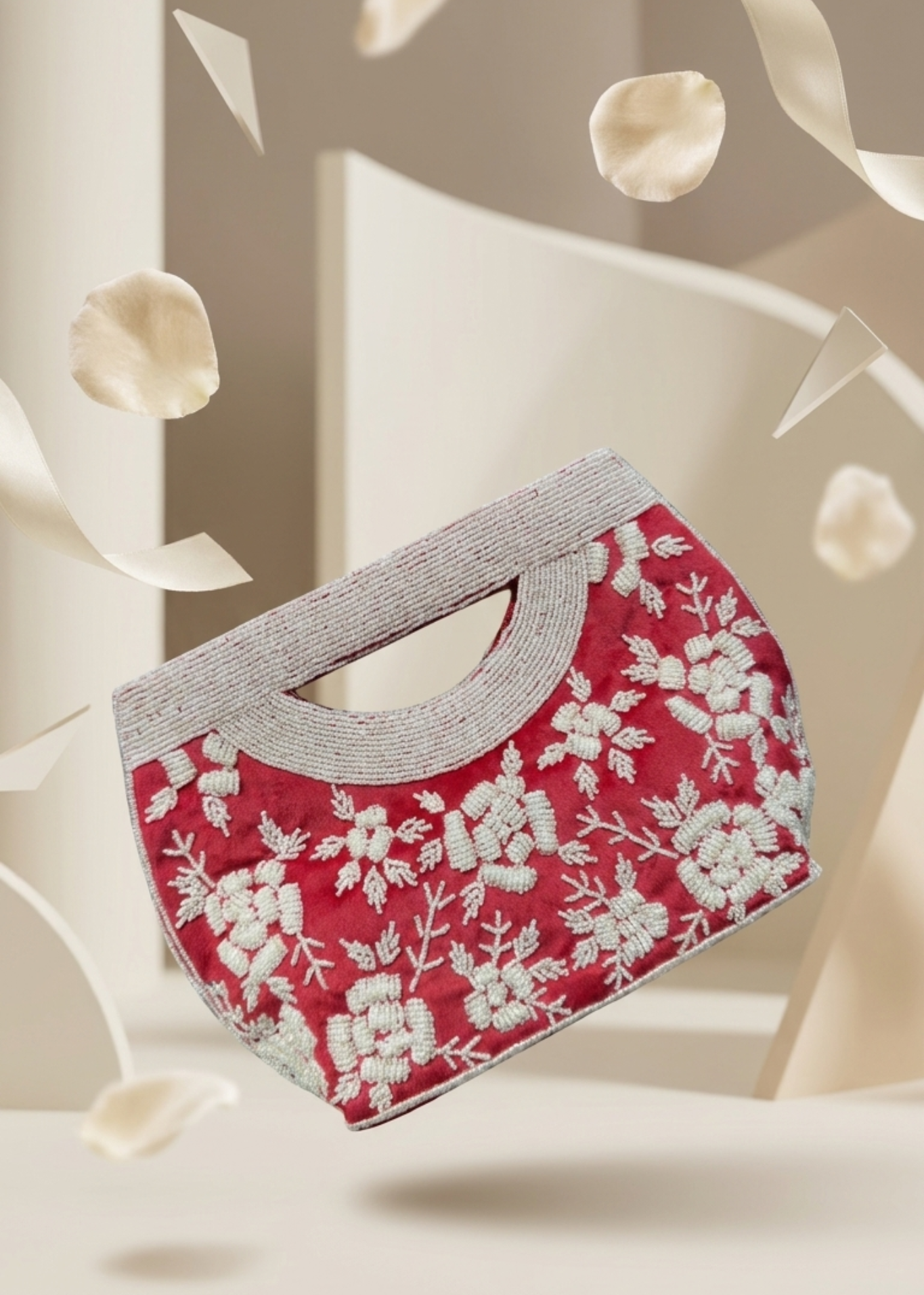 Velvet Hand-Embroidered Beaded Floral Clutch Bag