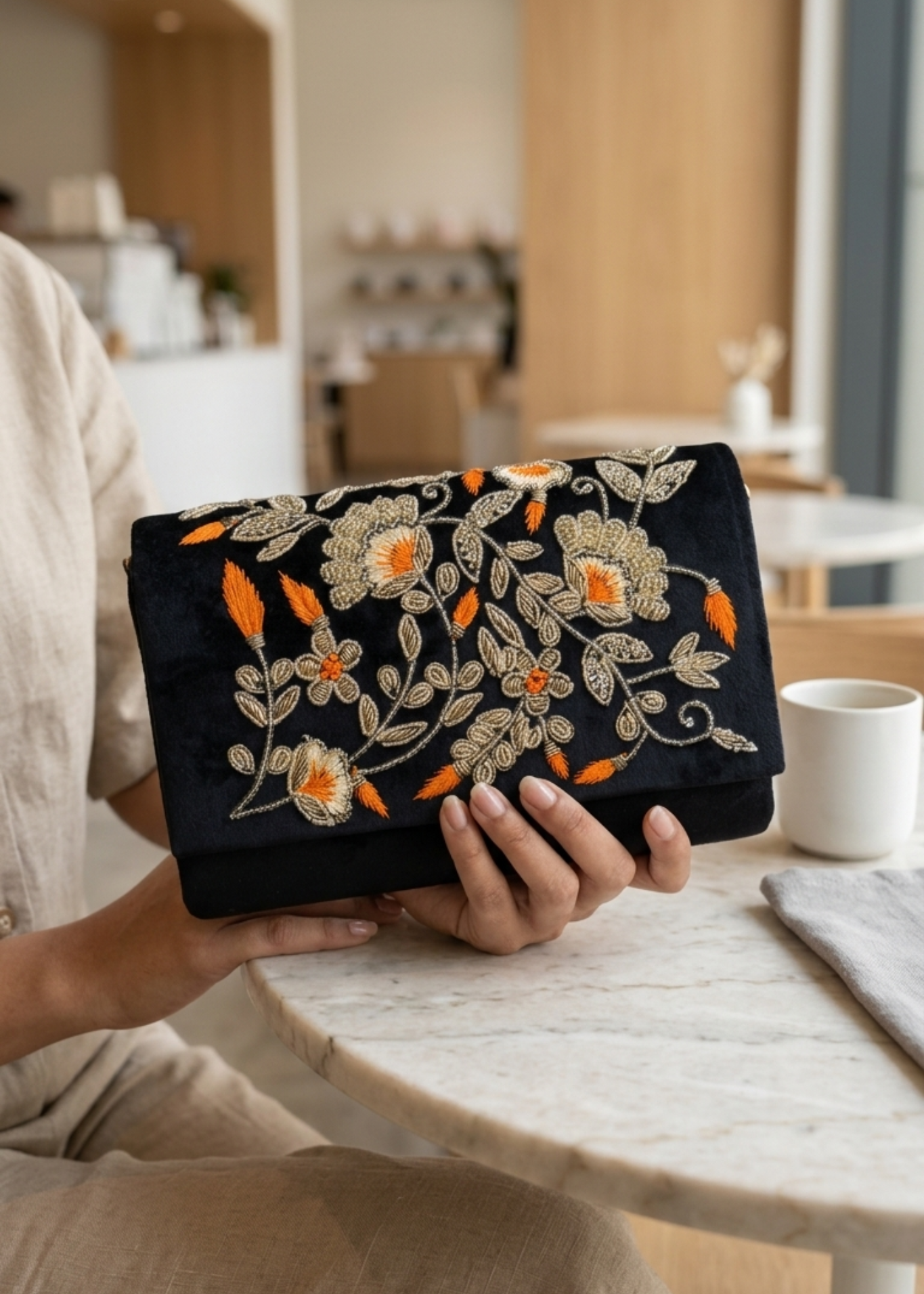 A person in a beige outfit holds a black clutch bag with intricate floral embroidery in gold, orange, and white. The setting is a bright, modern indoor space with a marble table and a white mug in the background.