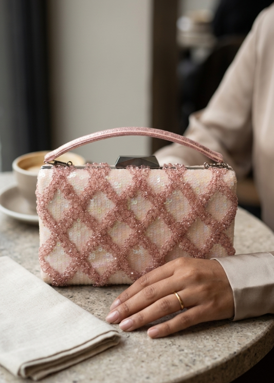 Blush Pink Sequin Embellished Top Handle Clutch Bag