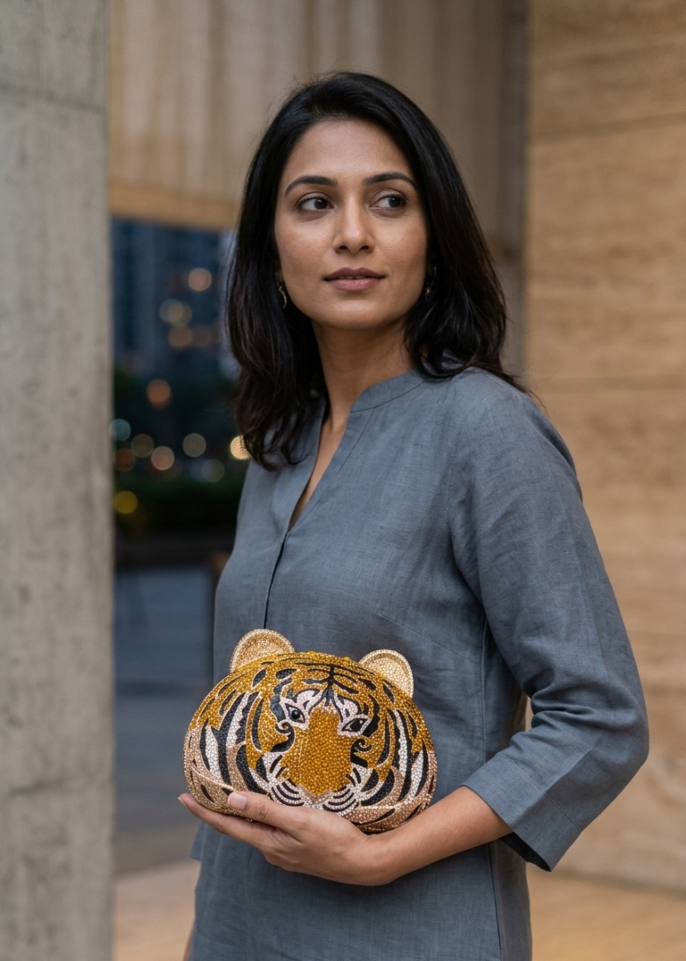 Gold Crystal Tiger Face Embellished Clutch Bag