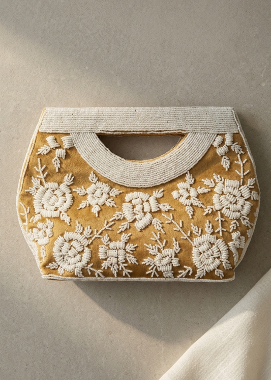 Velvet Hand-Embroidered Beaded Floral Clutch Bag
